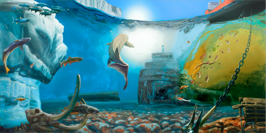 Alexis Rockman (American, b. 1962), Pioneers, from “The Great Lakes Cycle,” 2017, oil and alkyd on wood panel, 72 x 144 inches. Courtesy Sperone Westwater Gallery, New York and American Federation of Arts